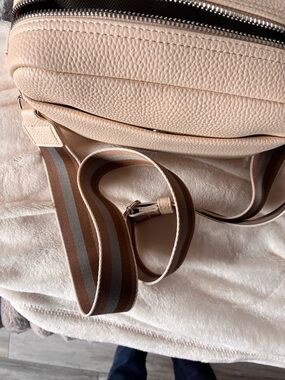 Women's Beige Leather Crossbody Bag with Striped Adjustable Strap